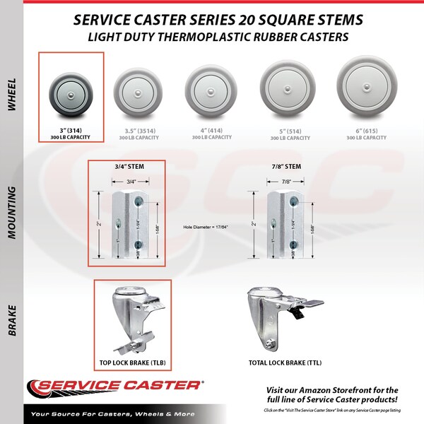 Service Caster 3 Inch Thermoplastic Rubber Swivel 3/4 Inch Square Stem Caster Brakes SCC, 2PK SCC-SQ20S314-TPRB-TLB-34-2-S-2 - main